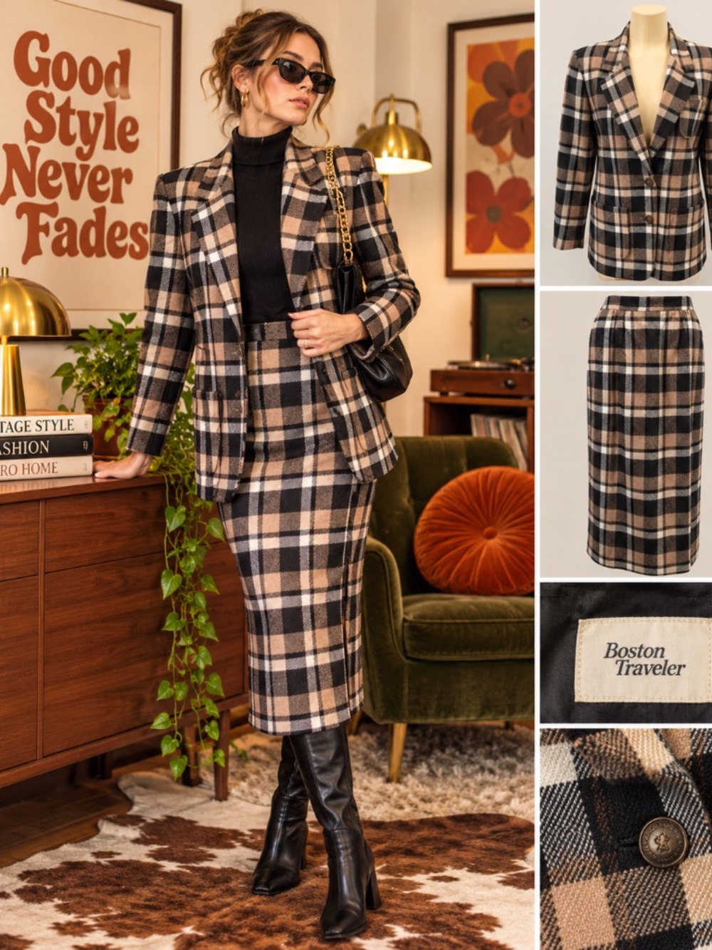 Vintage 1980s Boston Traveler Plaid Wool Blend Skirt Suit Set Sz 6